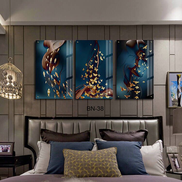 תמונות לפינת האוכל מזכוכית של אבסטרקט כחול זהב