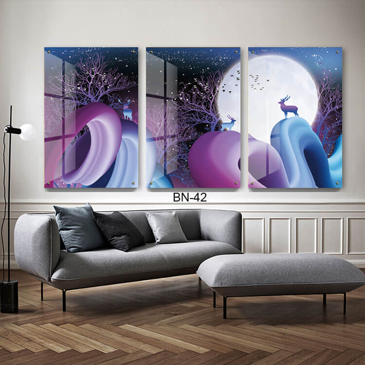 תמונות לפינת האוכל מזכוכית של איילים בלילה רקע סגול