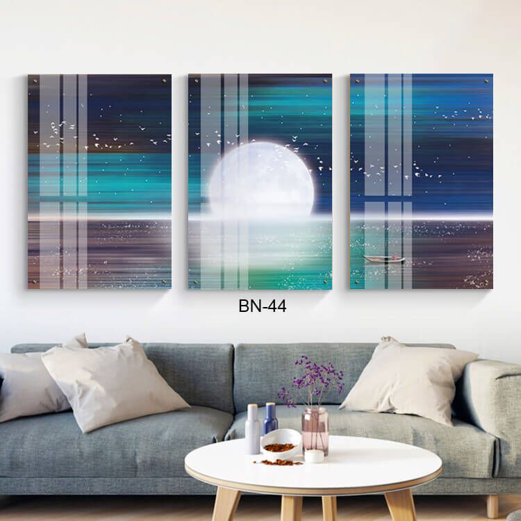 תמונות לפינת האוכל מזכוכית של נוף ים מצוייר לאור ירח