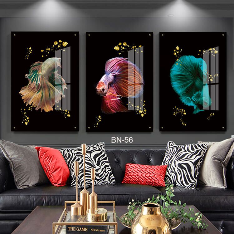 תמונות לפינת האוכל מזכוכית של דגים צבעוניים