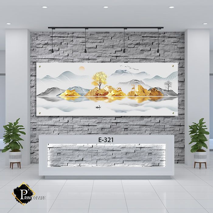 תמונת זכוכית לפינת האוכל של נוף לבן סלעים מזהב