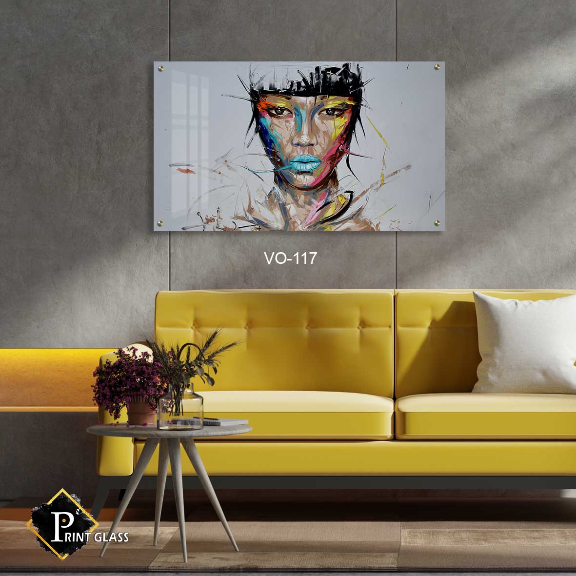 אישה עם צבעי גועש - תמונה על זכוכית לסלון או לפינת האוכל