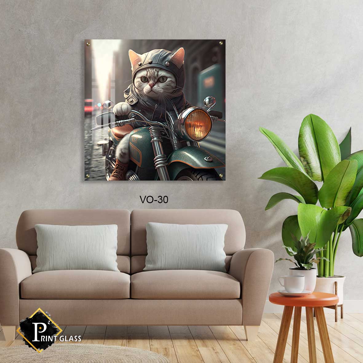 חתול על אופנוע - תמונת זכוכית לחדר שינה או למשרד