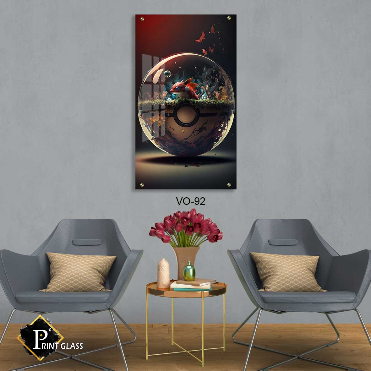 כדור פוקימון - תמונת זכוכית לחדר שינה או למשרד