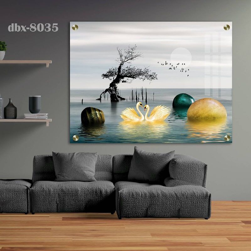 תמונת זכוכית לסלון של ברבורים מזהב