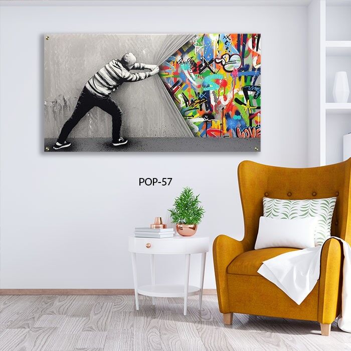 תמונת זכוכית לחדר שינה של איש מזיז וילון גרפיטי