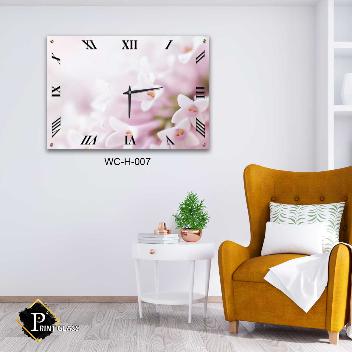 שעון קיר למטבח מזכוכית עם פרחים ורודים