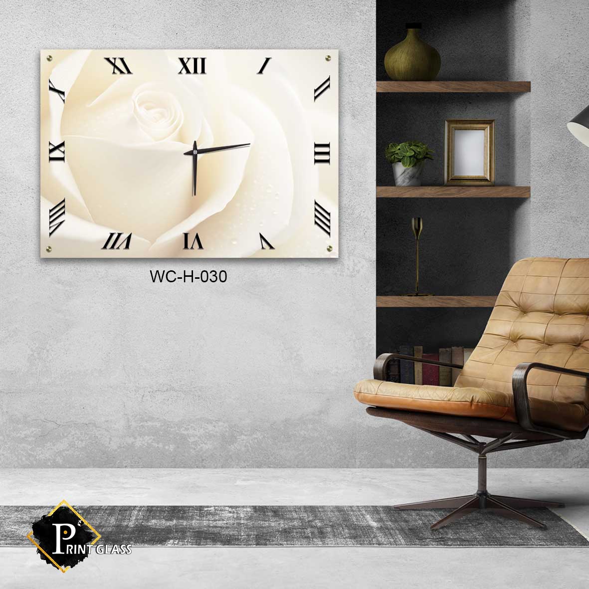 שעון קיר מיוחד לפינת אוכל מזכוכית ברקע ורד לבן