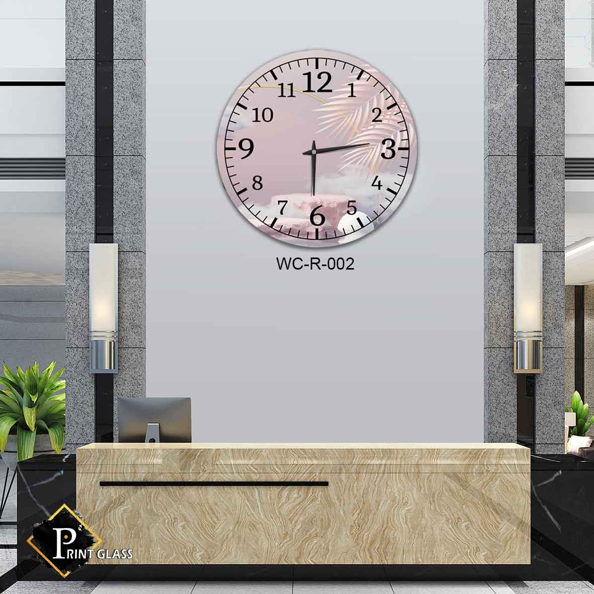 שעון קיר דקורטיבי לחדר שינה מזכוכית רקע נוף ורוד