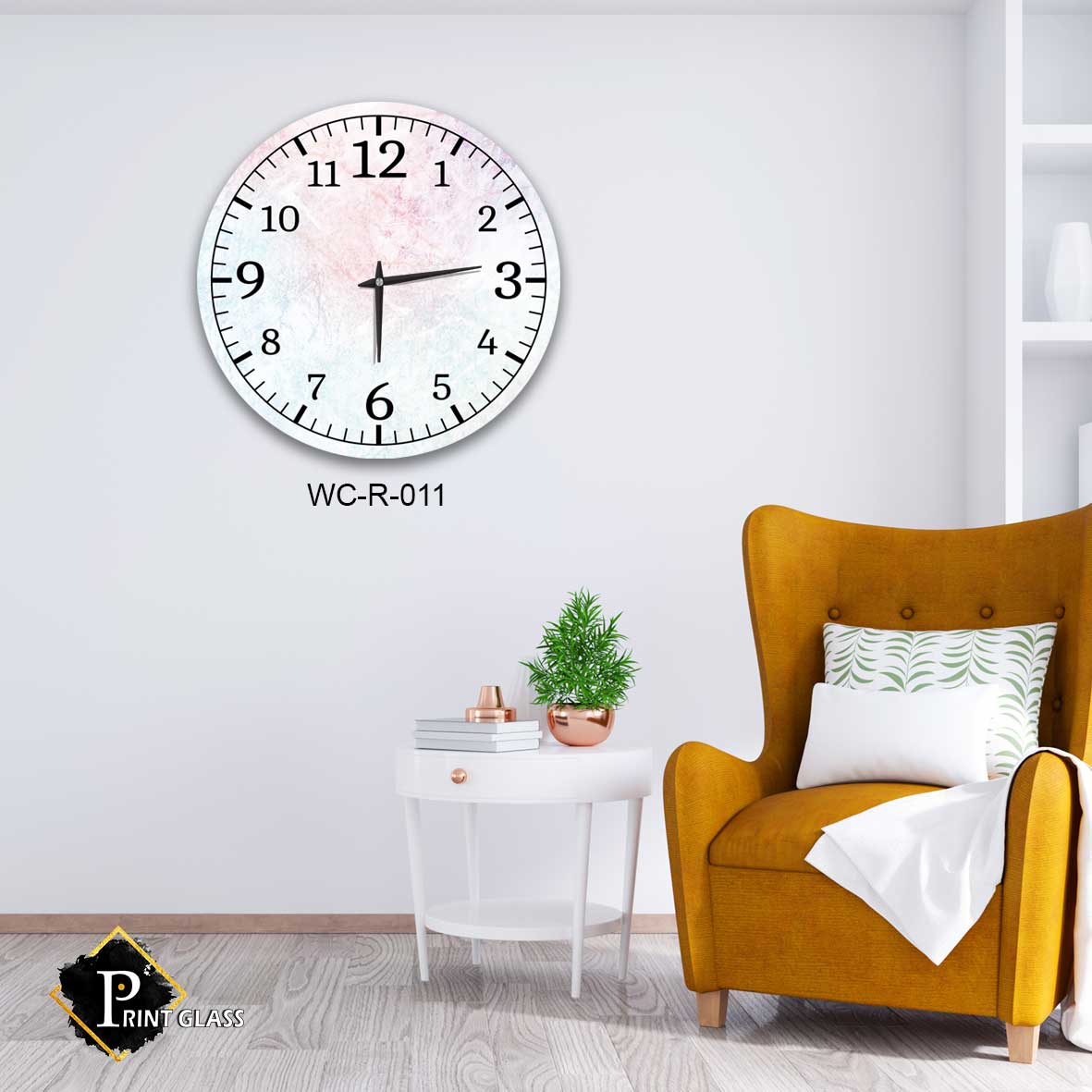 שעון קיר למטבח מודרני מזכוכית ברקע לבן ורוד