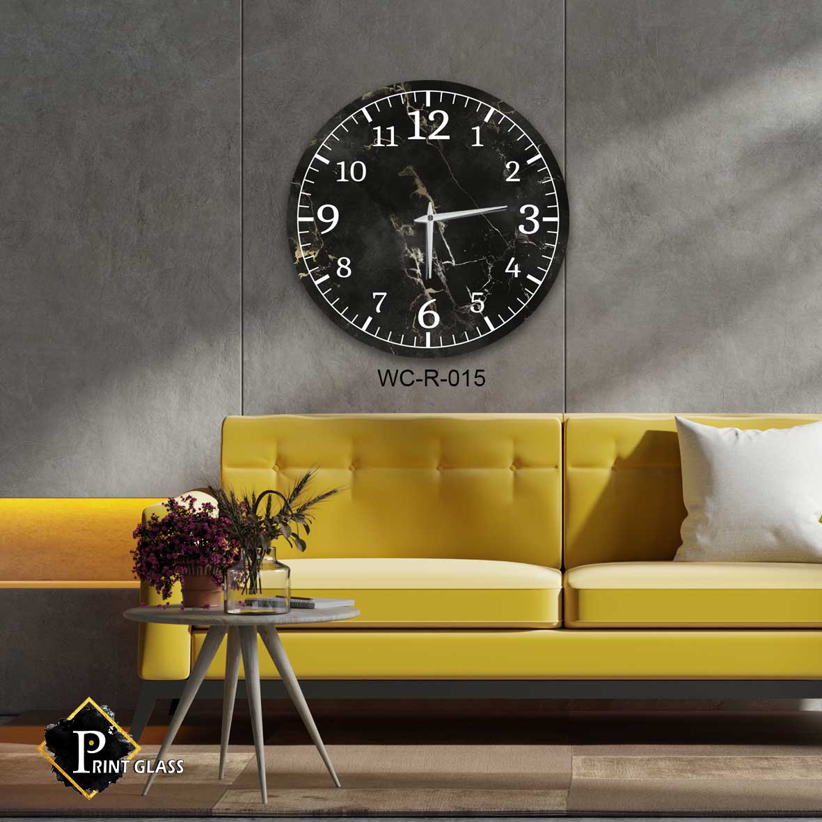 שעון קיר שחור לסלון מזכוכית ברקע שיש