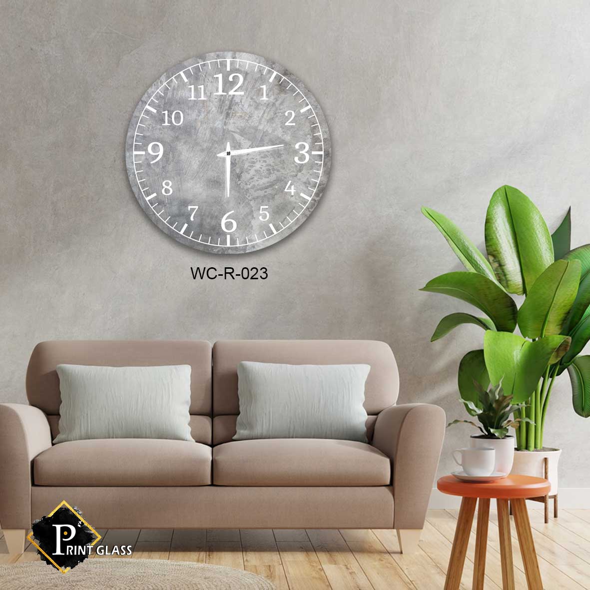 שעון קיר מיוחד למשרד מזכוכית ברקע אפור לבן