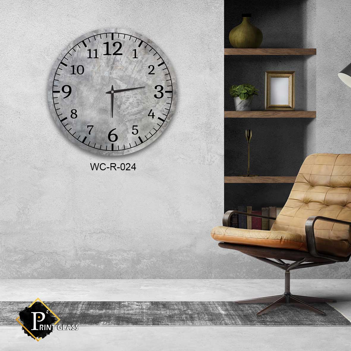 שעון קיר דקורטיבי למשרד מזכוכית ברקע אפור שחור