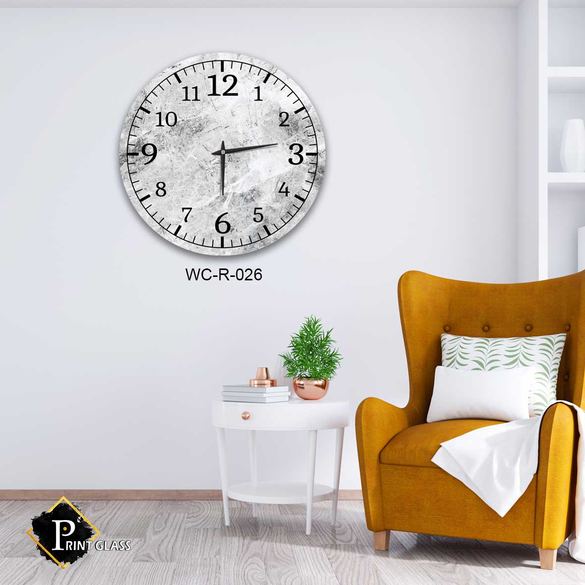 שעון קיר מעוצב למשרד מזכוכית ברקע אפור