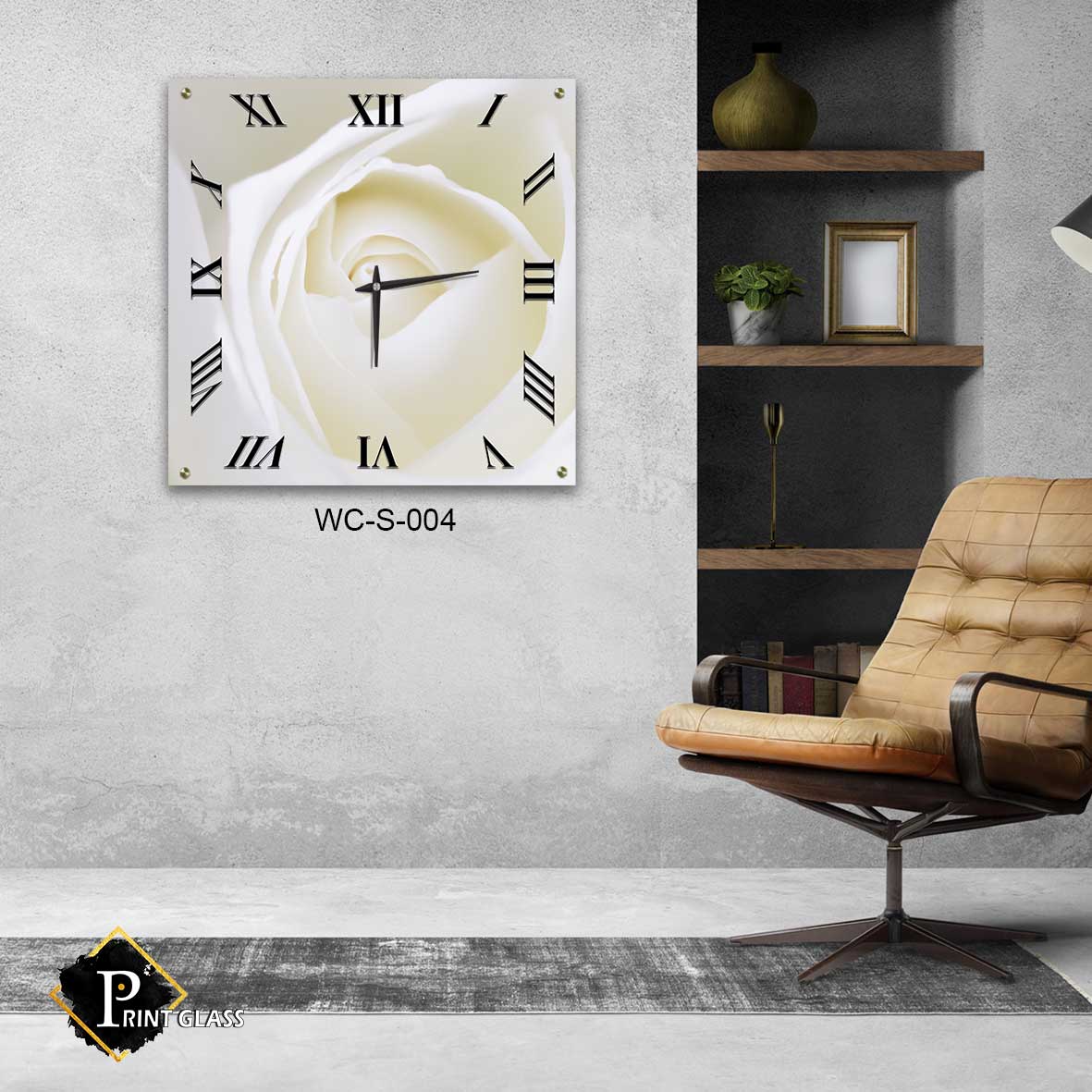 שעון קיר דקורטיבי לחדר שינה מזכוכית ברקע פרח לבן