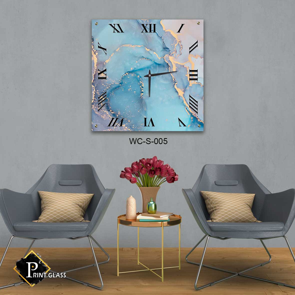 שעון קיר לפינת אוכל מזכוכית ברקע אבסטרקט כחול