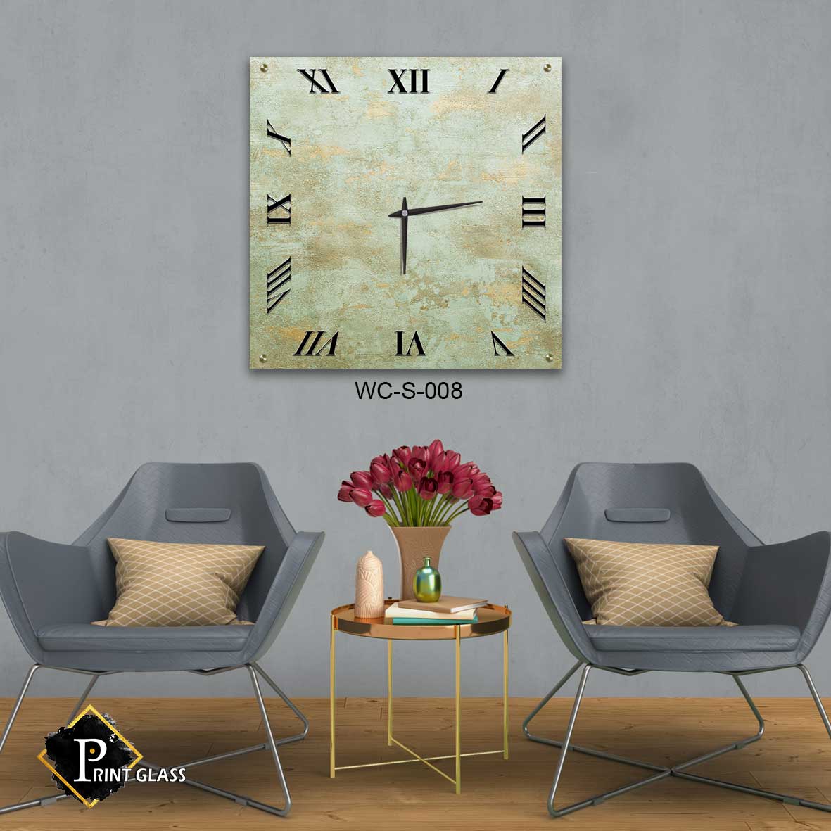 שעון קיר מעוצב למטבח מזכוכית ברקע ירוק