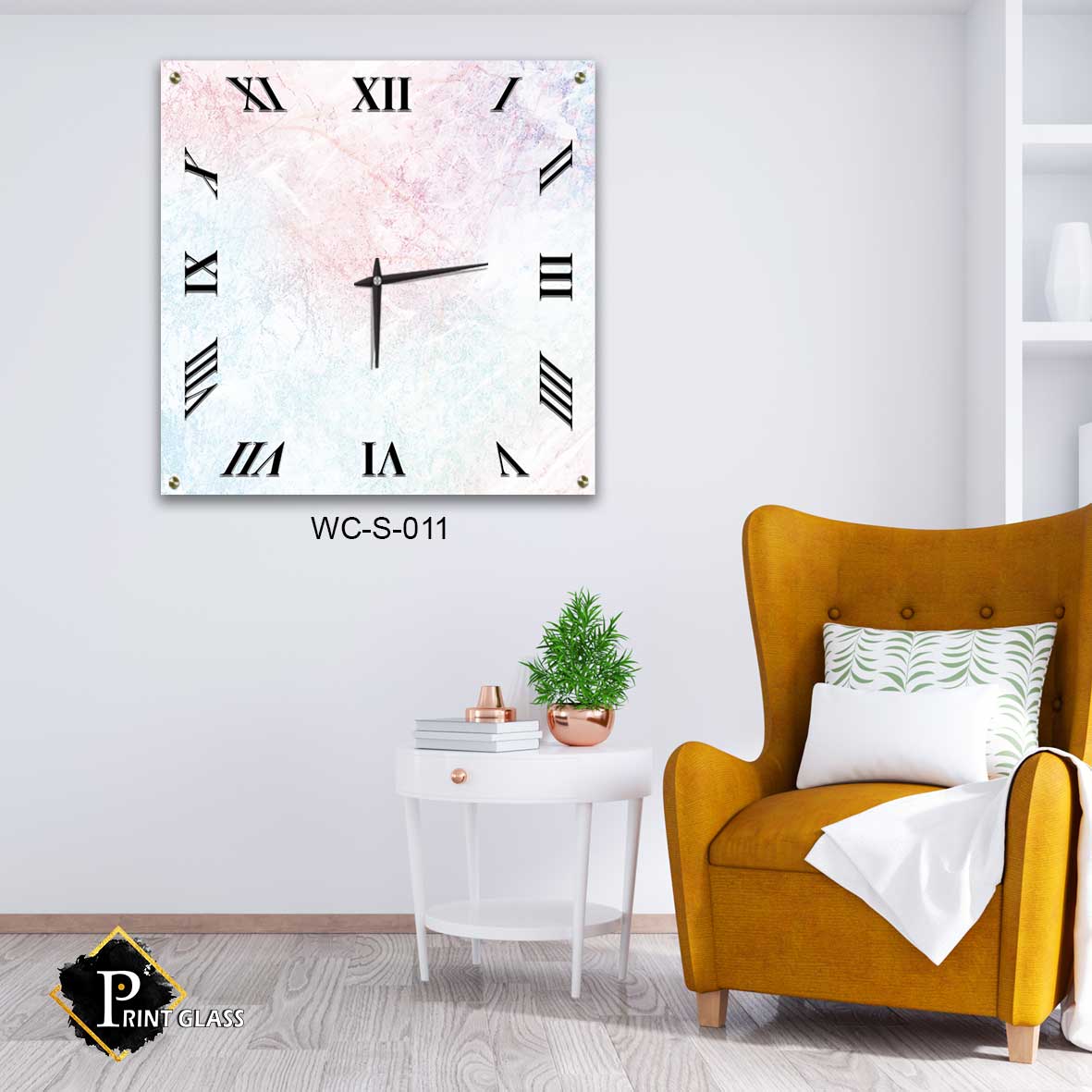 שעון קיר לחדר שינה מזכוכית ברקע לבן ורוד