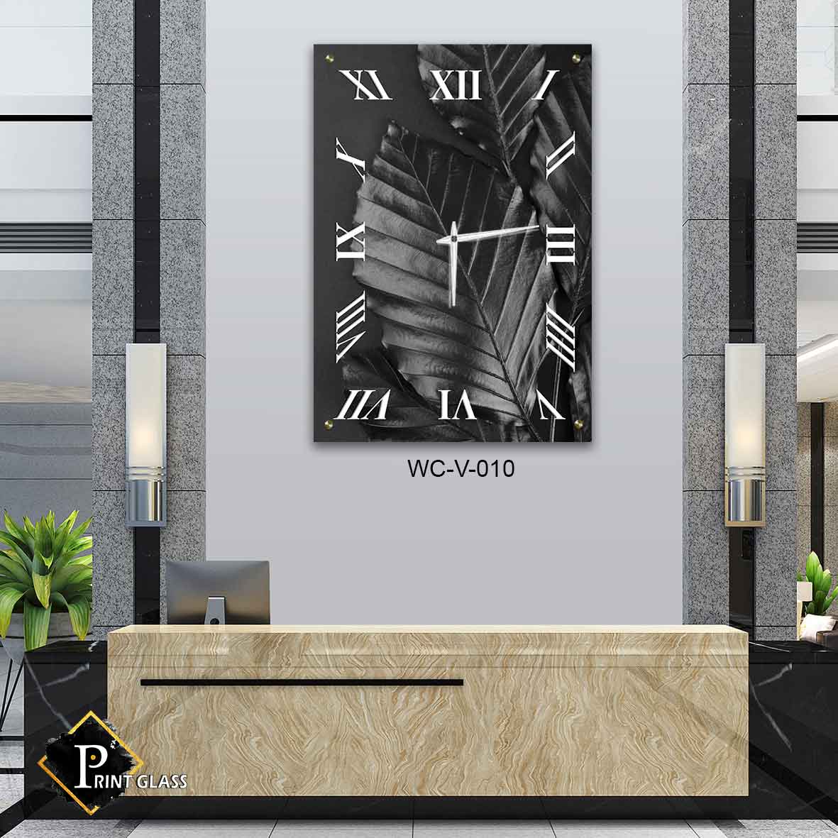 שעון קיר לסלון מזכוכית ברקע של עלה שחור
