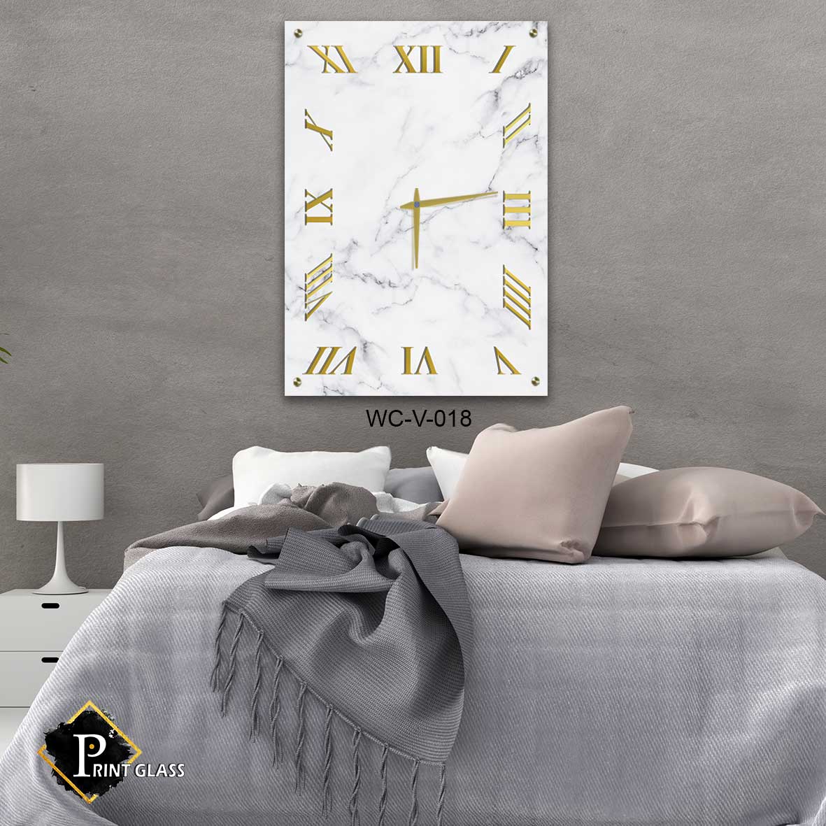 שעון קיר לסלון מזכוכית של רקע שיש לבן וזהב