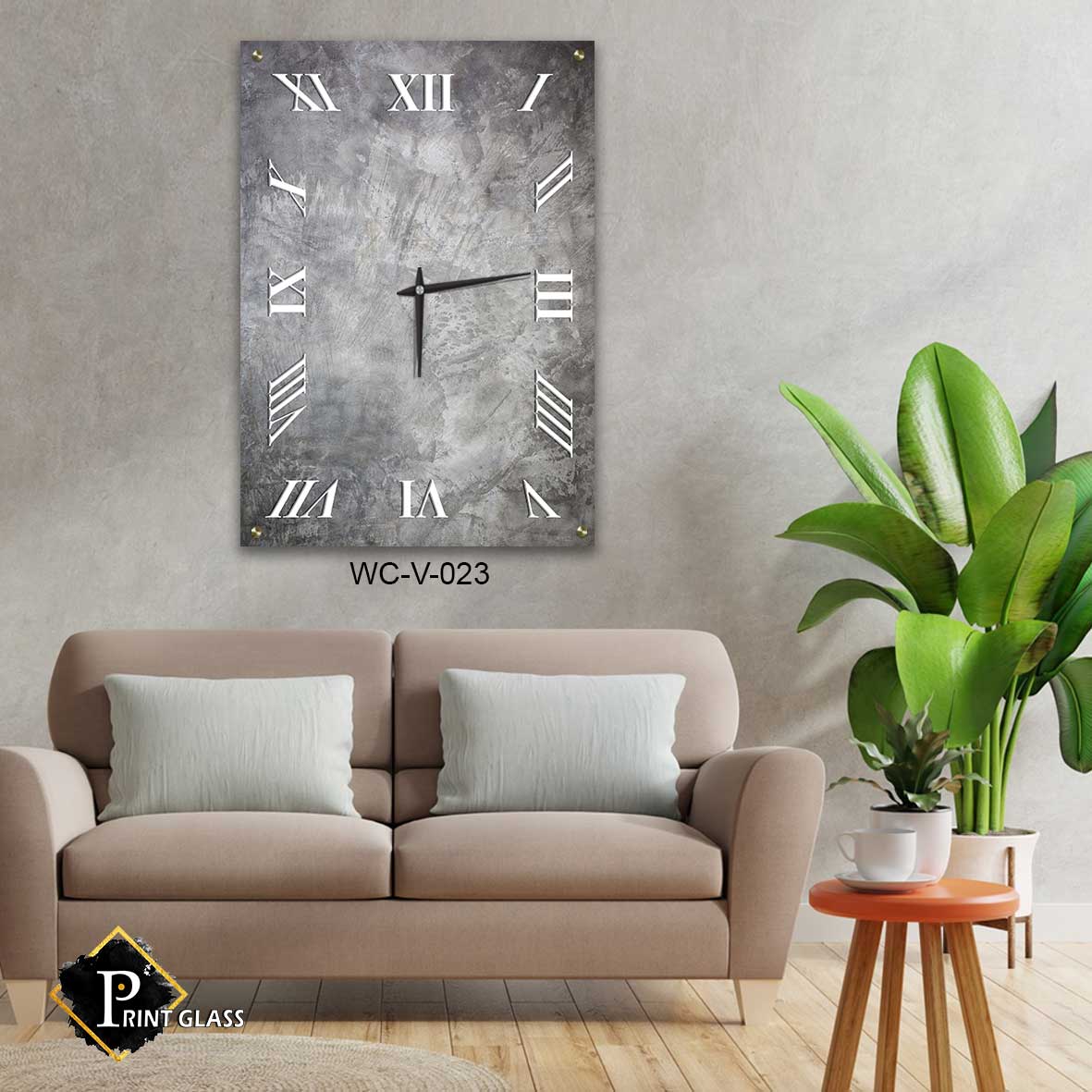 שעון קיר מעוצב לחדר שינה מזכוכית של רקע שיש אפור