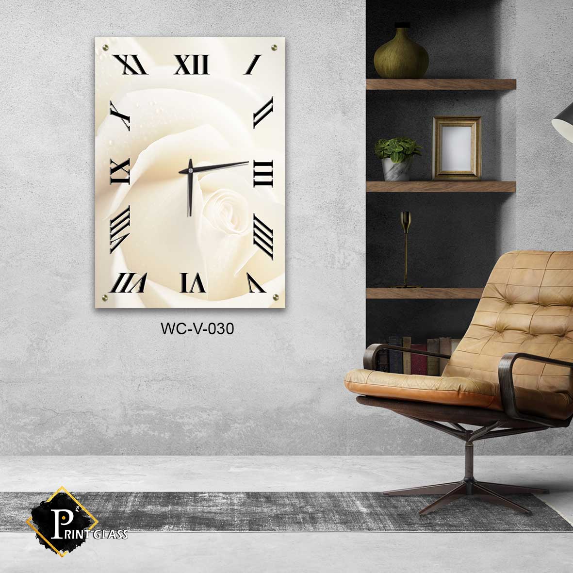 שעון קיר לסלון מזכוכית של ורד לבן