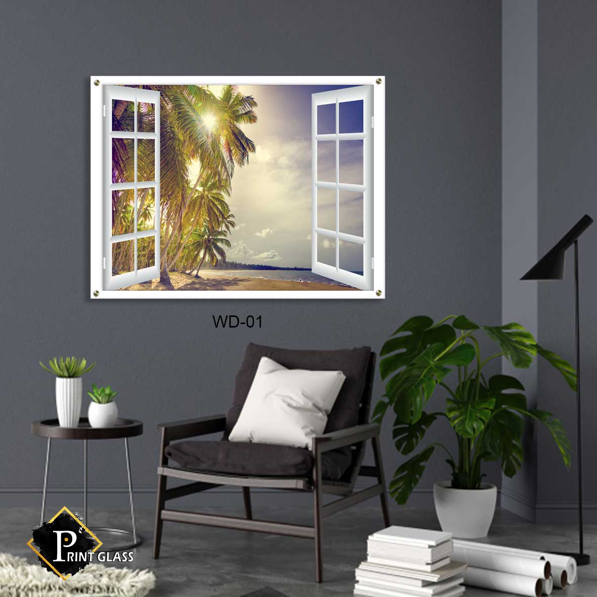 תמונה לסלון מזכוכית של דמוי חלון בחוף ים עם עצים