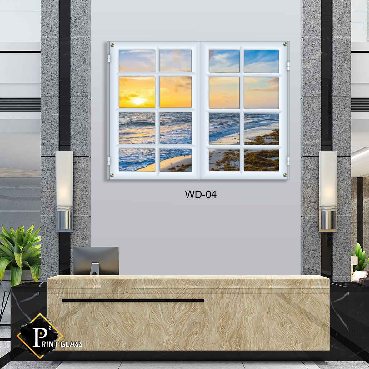 תמונת זכוכית לסלון של דמוי חלון נוף ים בשקיעה
