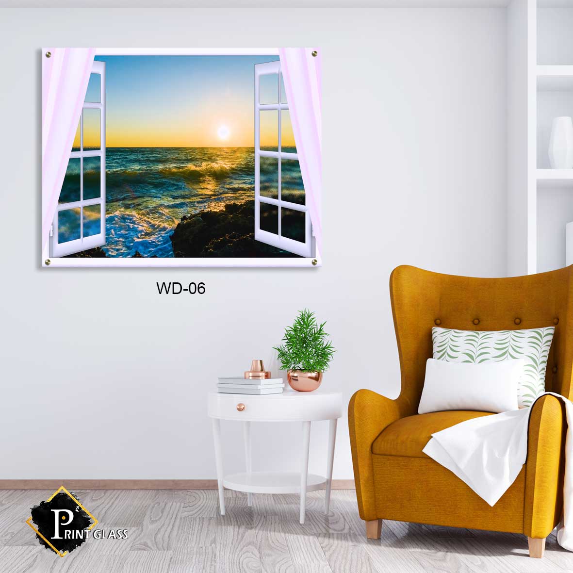 תמונת זכוכית לסלון של דמוי חלון נוף ים בשקיעה וגלים