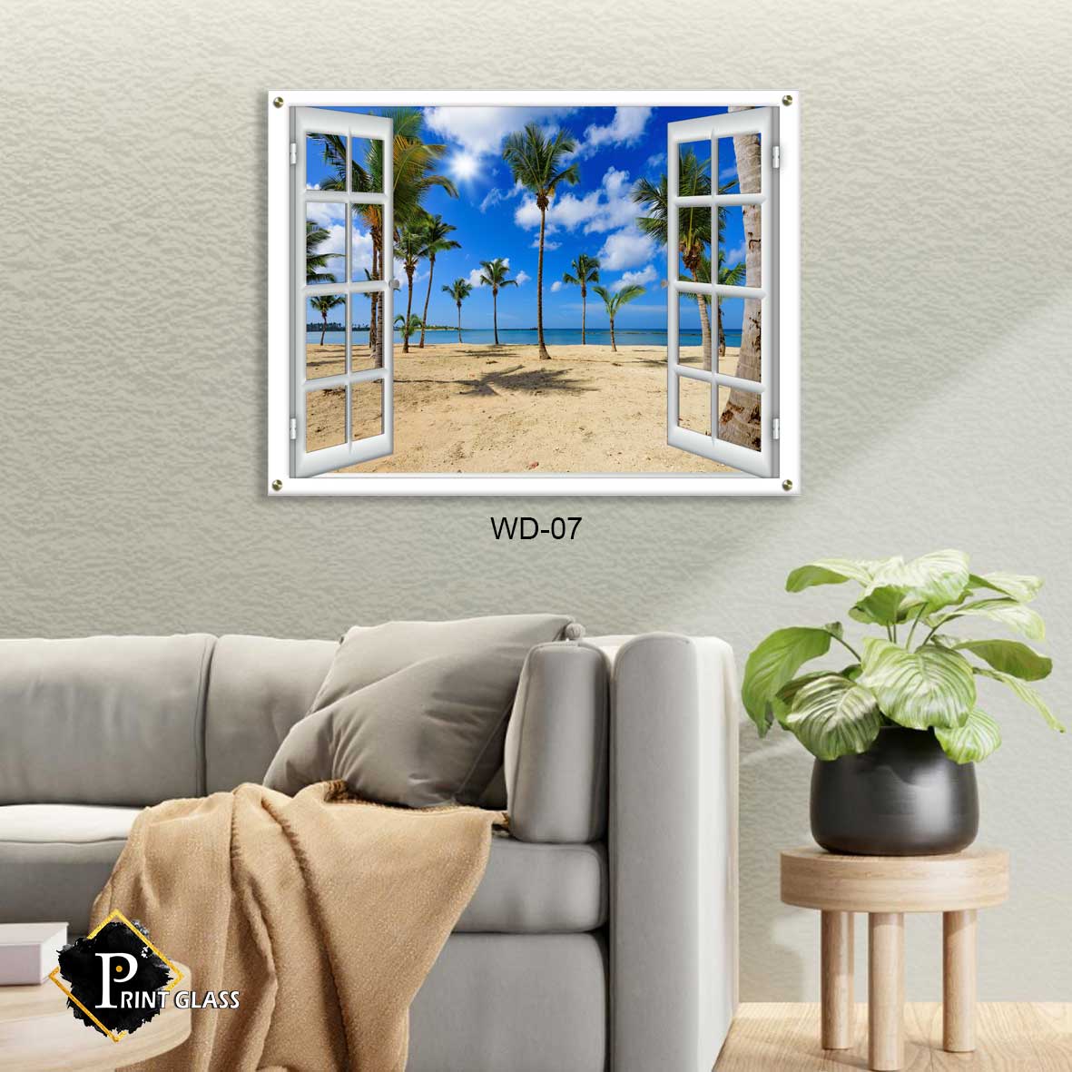 תמונה לסלון מזכוכית של דמוי חלון עם חוף ים ודקלים