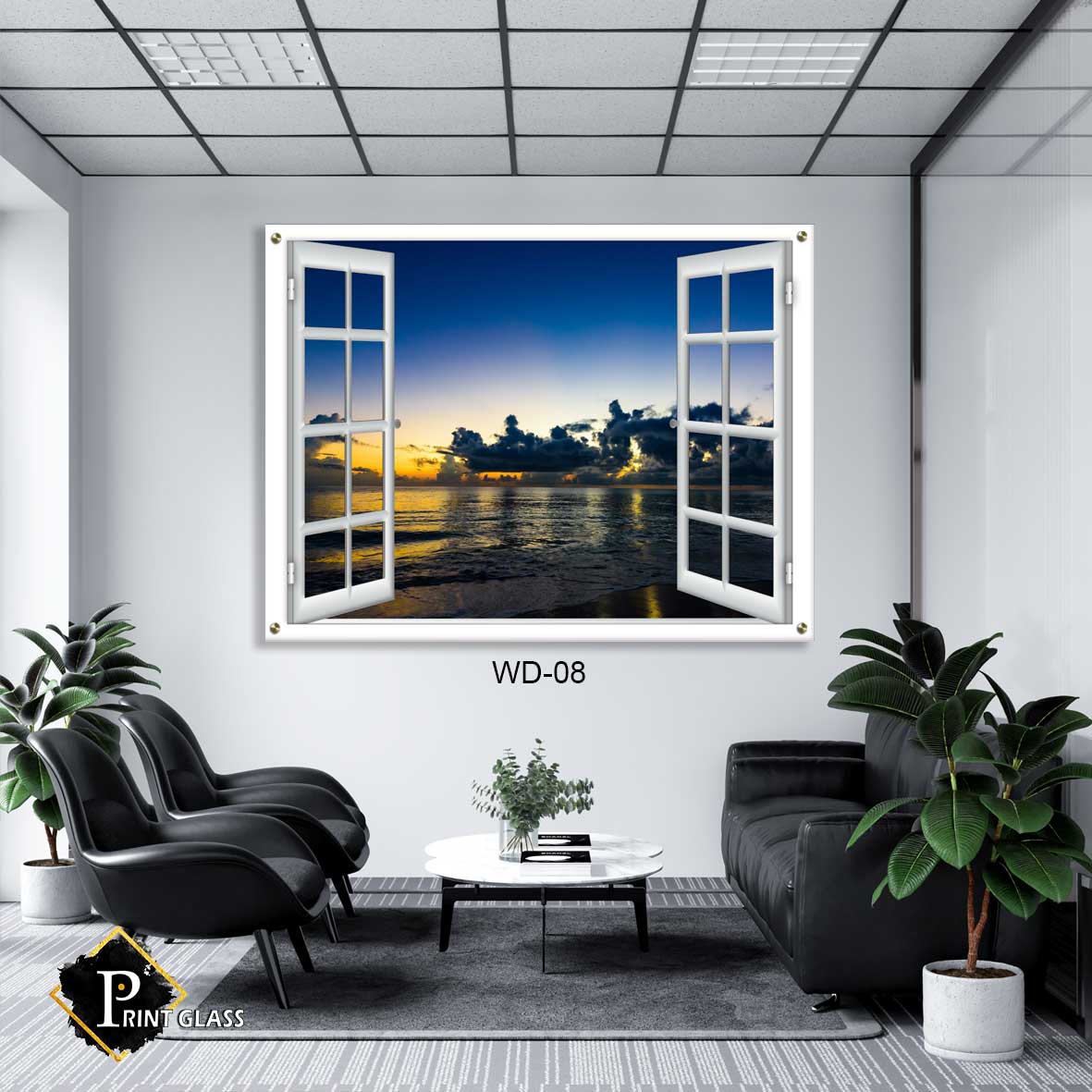 תמונת זכוכית לסלון של דמוי חלון נוף ים בלילה