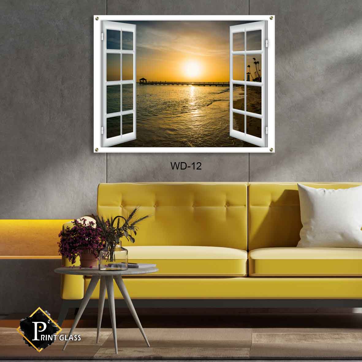 תמונת זכוכית לסלון של דמוי חלון נוף שקיעה בים