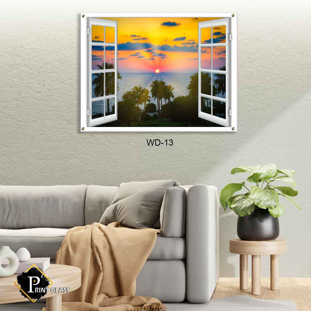 תמונה לסלון מזכוכית של דמוי חלון נוף ים ושקיעה רחוקה