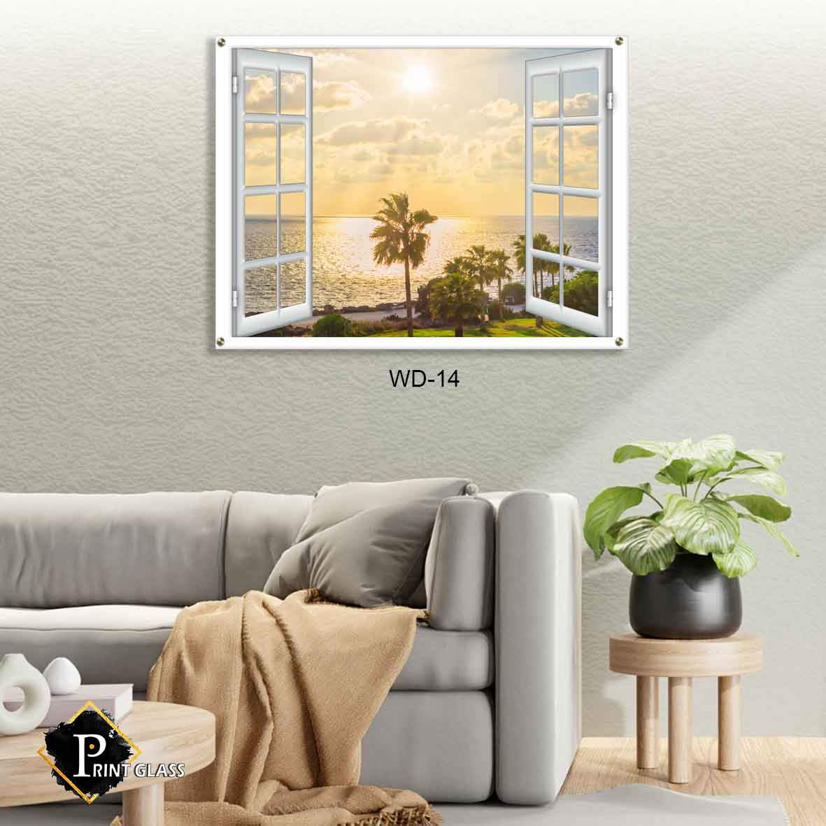 תמונת זכוכית לסלון של דמוי חלון נוף ים שמשי