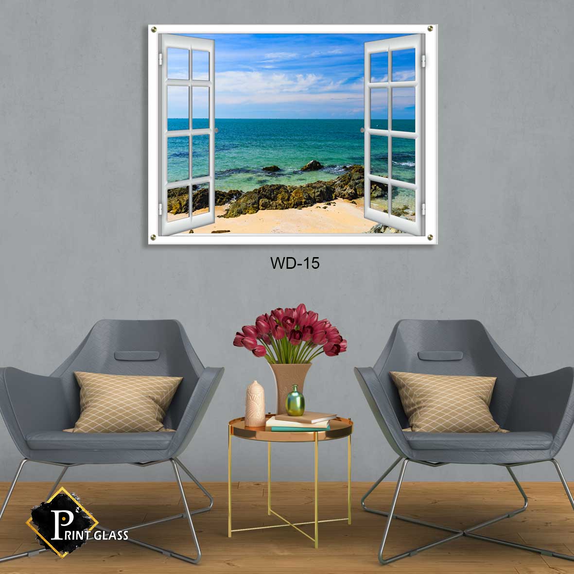 תמונה לסלון מזכוכית של דמוי חלון חוף ים וסלעים