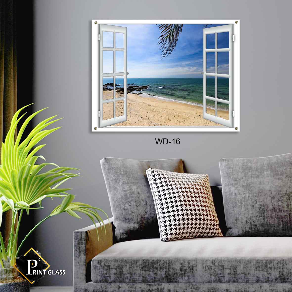 תמונת זכוכית לסלון של דמוי חלון נוף של חוף ים