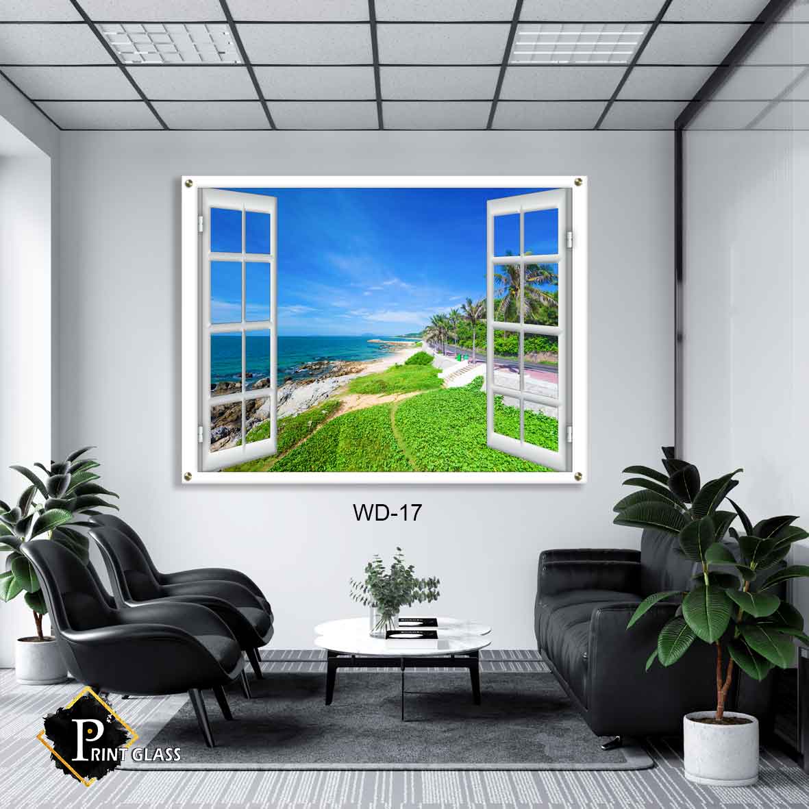 תמונה לסלון מזכוכית של דמוי חלון נוף הר ירוק וים