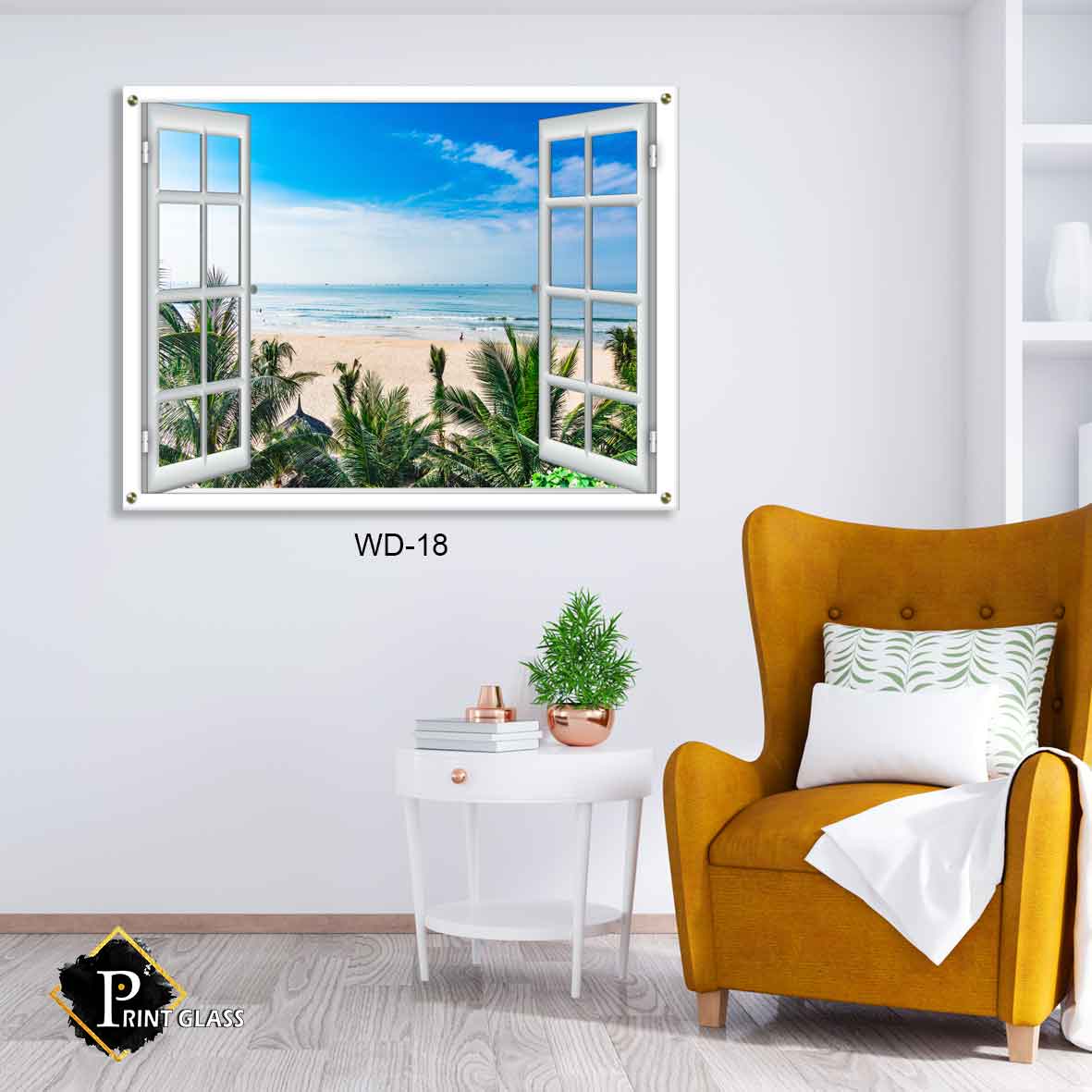 תמונת זכוכית לסלון של דמוי חלון חוף ים ועצי דקל
