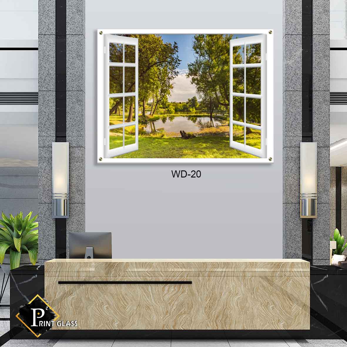 תמונת זכוכית לסלון של דמוי חלון אגם בפארק ירוק