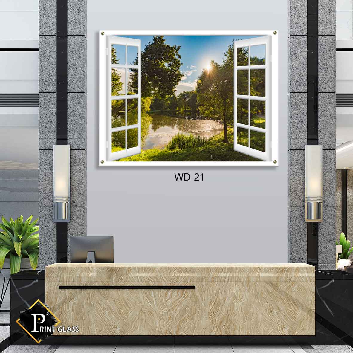 תמונה לסלון מזכוכית של דמוי חלון פארק ירוק עם אגם