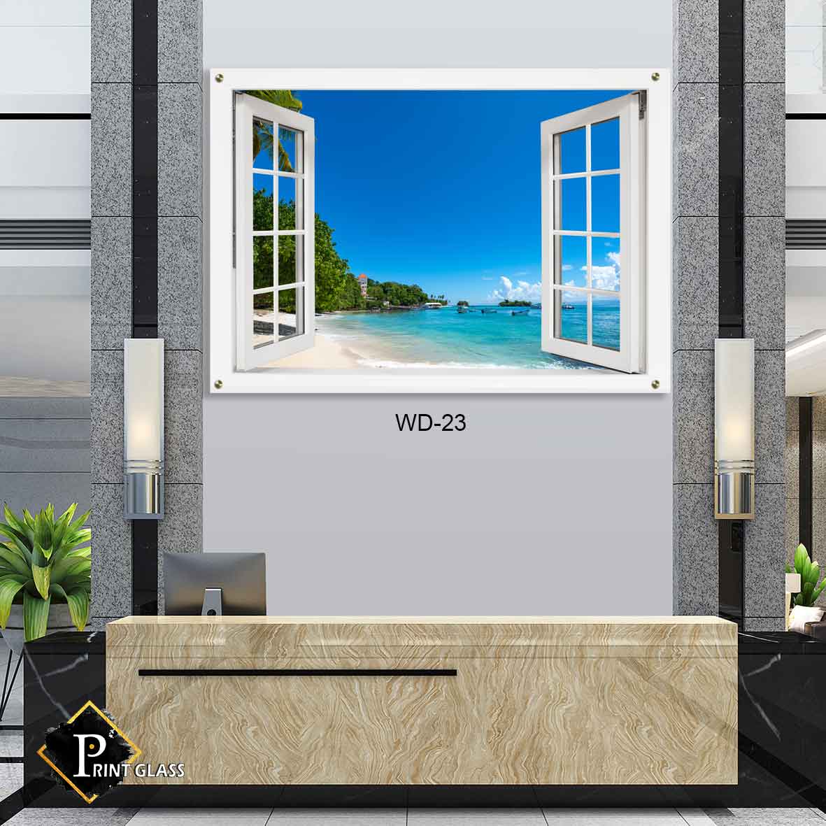 תמונה לסלון מזכוכית של דמוי חלון נוף של חוף ים