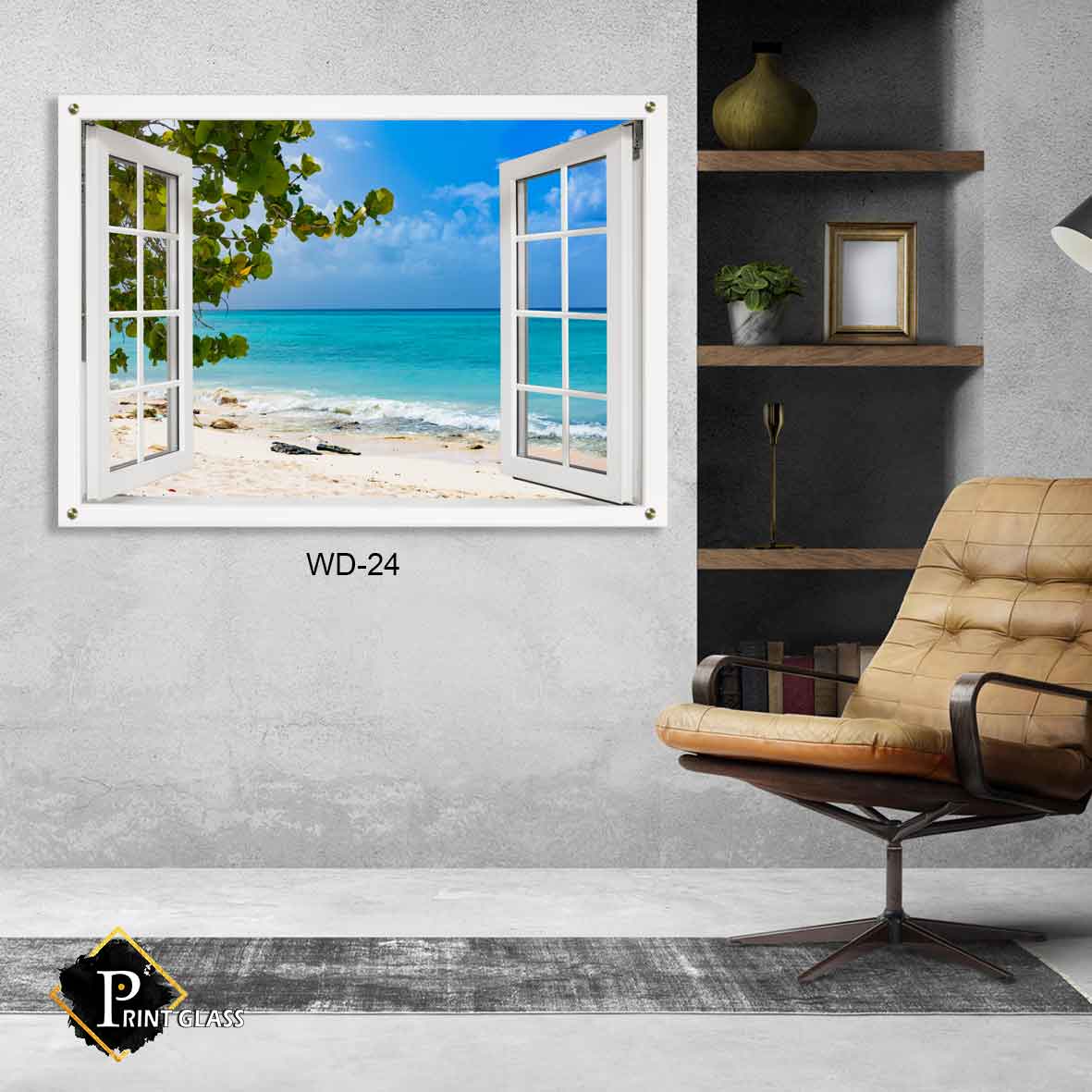 תמונת זכוכית לסלון של דמוי חלון חוף ים עם עץ