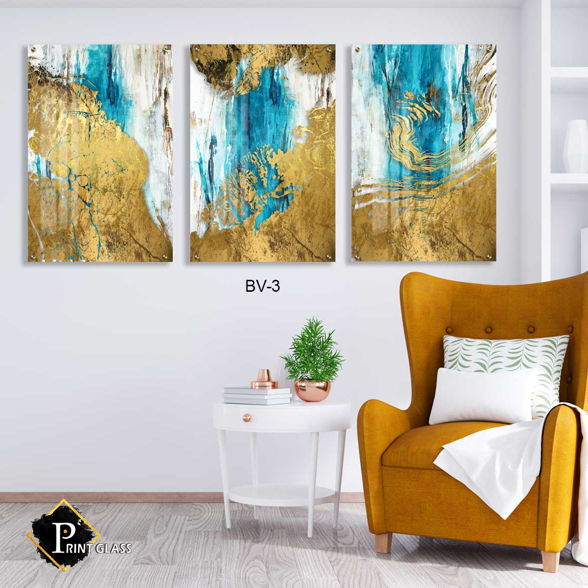 סט תמונות לסלון מזכוכית של אבסטרקט זהב טורקיז