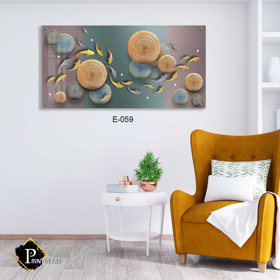 תמונת זכוכית לסלון של דגים שוחים באבסטרקט