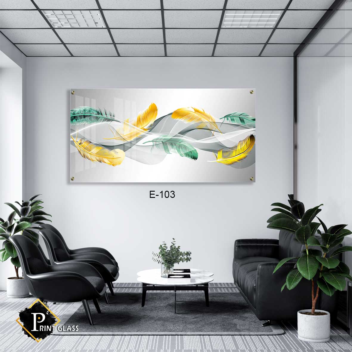 תמונה לסלון מזכוכית של נוצות ירוקות וזהב