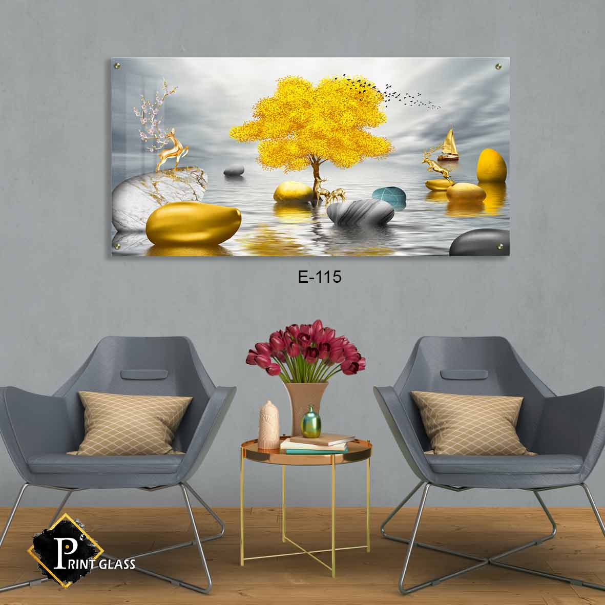 תמונת זכוכית מיוחדת לסלון של איילים ועץ מזהב באגם