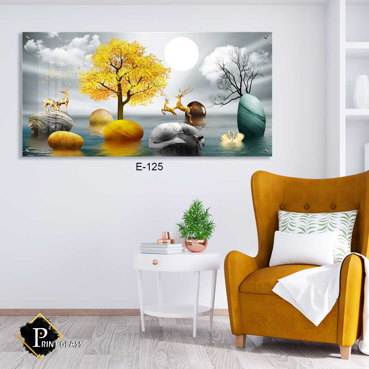 תמונת מיוחדת לסלון מזכוכית של איילים מזהב באגם