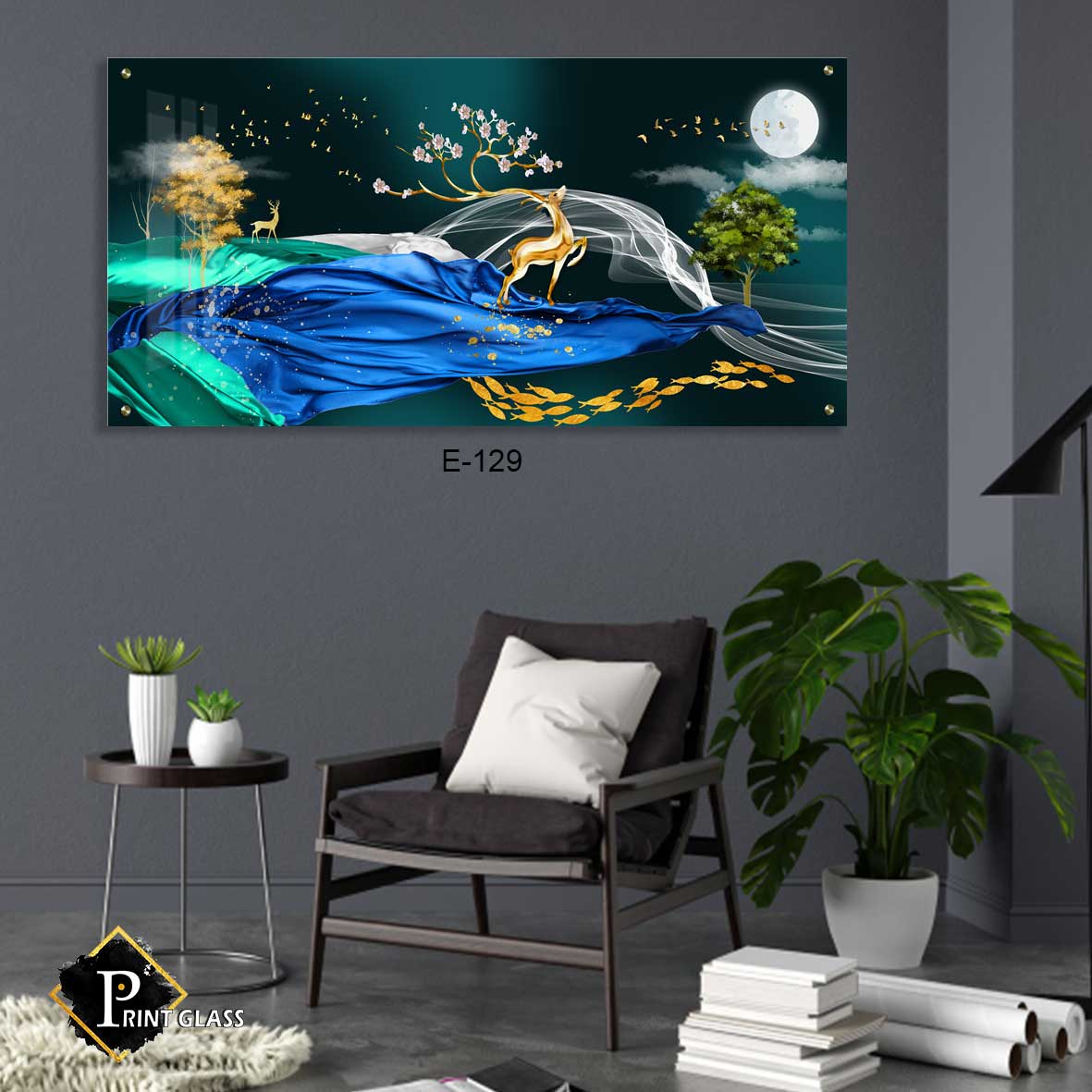 תמונת זכוכית קיר לסלון של איילים על מטפחת בלילה