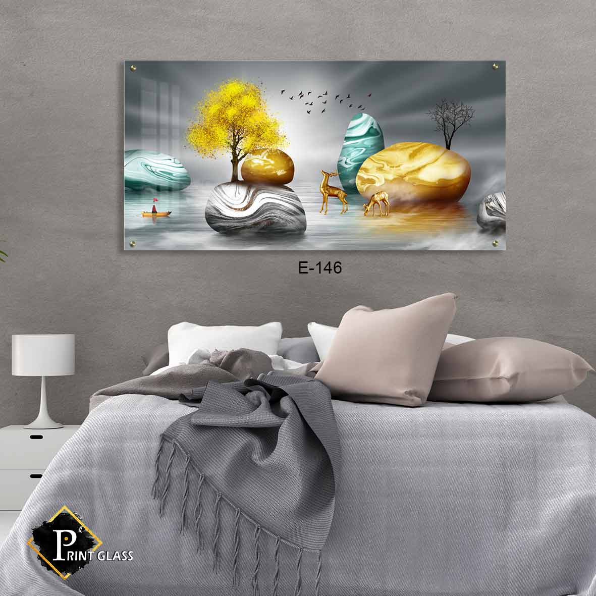 תמונת זכוכית מעוצבת לסלון של איילים ואבנים צבעוניות