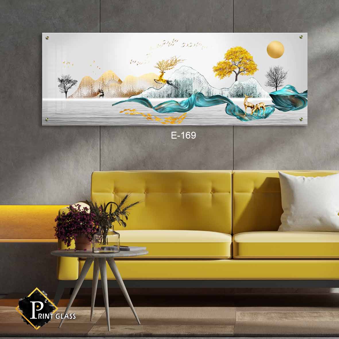 תמונה יוקרתיות לסלון מזכוכית של איילים בזהב